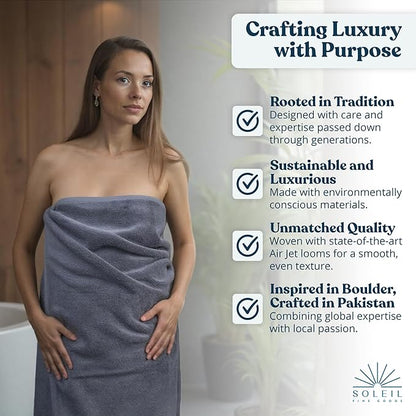 Soleil Fine Goods Luxurious 800 GSM 100% Cotton Bath Towel Set (4-Pack, 27x54) - Heavyweight & Ultra Absorbent, Plush Softness for Bathroom | Hotel & Spa Quality Luxury Towels- Blue Grey