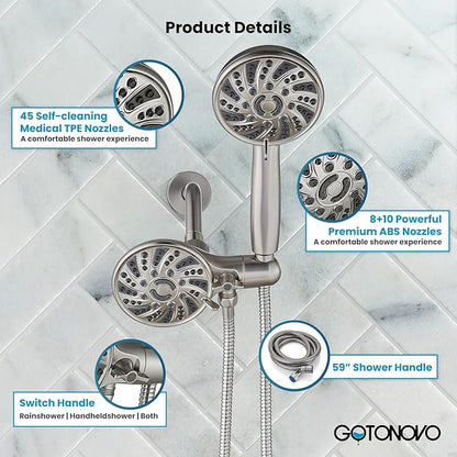 gotonovo Dual 2 in 1 Shower Head Kit High Pressure Combo System Shower Faucet 6 Modes ABS Handheld Spray Shower Trim Kit with Valve Shower Head and Handle Set Brushed Nickel