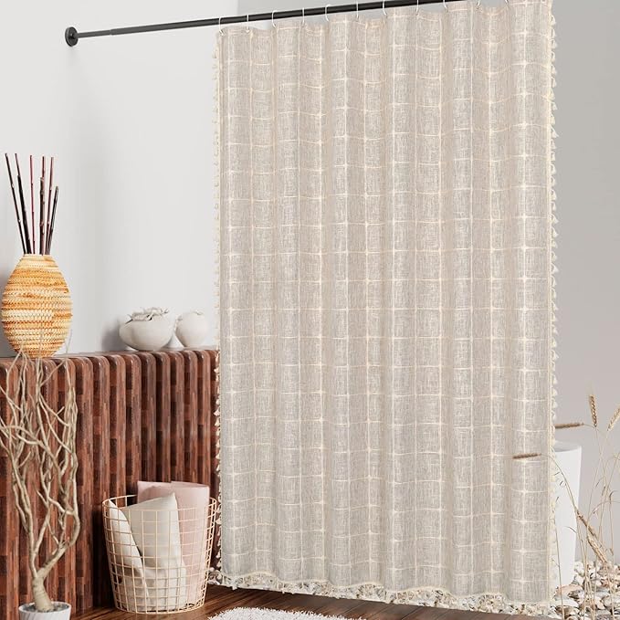 MitoVilla Boho Small Stall Shower Curtain 36 x 72, Grey Half Size Narrow Polyester Linen Tassel Cloth Fabric Shower Curtains for Chic Modern Farmhouse Country Bathroom Decor