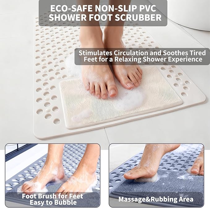 Bath Tub Shower Mat with Soft Shower Foot Scrubber Mat for Massage,Non Slip Bathtub Mat with Strong Suction Cups, Silicone Shower Foot Scrubber Mat (White, 35.4" X 23.6"(Rectangular))