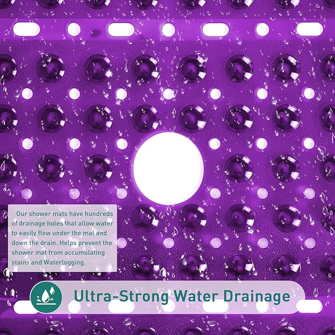 Large Clear Purple Square Shower Mat Non Slip 27 x 27 Inch, Soft Bath Mat Tub Mat for Inside Shower Floor, Bathroom Shower Stall Mats With Big Suction Cup Drain Hole, Easy Washable, BPA-Free