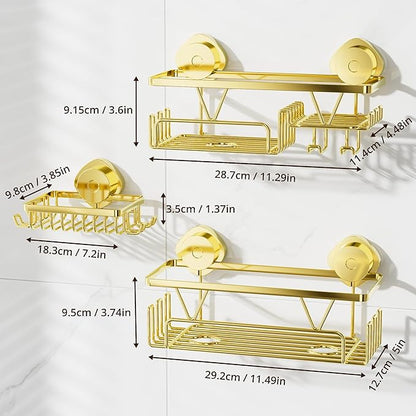 KEGII Suction Cup Shower Caddy – 3 Pack Suction Cup Shelf with Soap Holder & Hooks, Rustproof Stainless Steel Shower Organizer, Removable No Drilling Bathroom Storage Rack, Gold