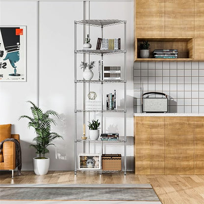 Silver 6 Tier NSF Metal Pentagonal Corner Wire Shelving Units, 600lbs Storage Rack with Feet for Kitchen, Utility Room, Warehouse, 72" H x 20" L x 20" W