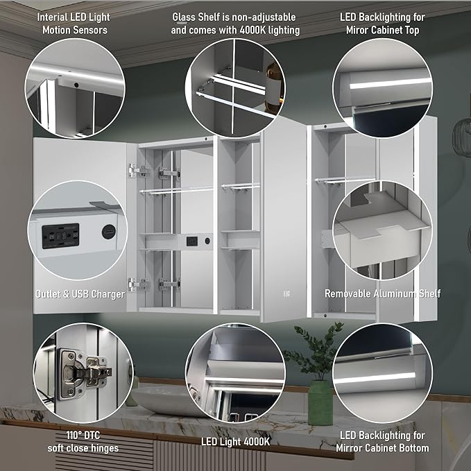 WELLFOR 60" x 30" LED Mirrored Bathroom Cabinet, Mirror Medicine Cabinet with Lights, Defogging LED Mirror Cabinet with Outlets & USB Ports, Surface Mounted, Three Doors, Hardwired Connected