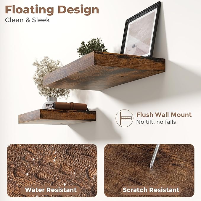 55 Inch Long Floating Shelves for Wall 2 Pack, 12"D Wood Grain Bathroom Shelves with Invisible Brackets, Easy Install Engineered Wood Storage Shelves for Kitchen, Living Room, Bedroom, Rustic Brown