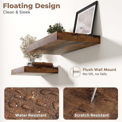 40 Inch Long Floating Shelves for Wall 2 Pack, 12"D Wood Grain Bathroom Shelves with Invisible Brackets, Easy Install Engineered Wood Storage Shelves for Kitchen, Living Room, Bedroom, Rustic Brown