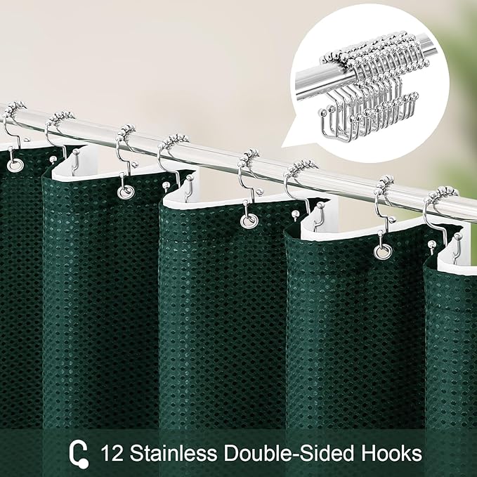 3 in 1 Long Dark Green Shower Curtain Set-72 W x 78 H, Modern Waffle and PEVA Liner Set with 12 Stainless Steel Hooks, Waterproof Fabric for Bathroom