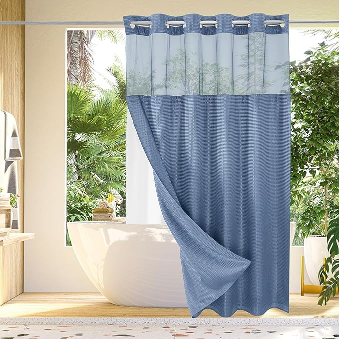 Gibelle No Hook Waffle Weave Shower Curtain with Snap-in Fabric Liner Set for Bathroom, Hotel Style with Mesh Top Window, Waterproof & Washable, Moonlight Blue, 72x74