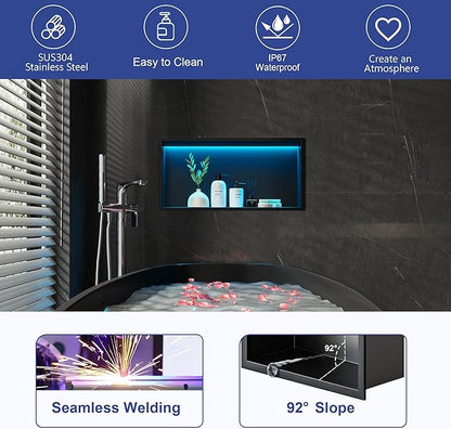 RGB LED Light Shower Niche, Matte Black 24X12 in Stainless Steel Recessed Storage with Remote Control, Waterproof No Tile Needed Wall Niche for Bathroom Storage Built-in Installation