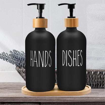 16 OZ Thick Black Glass Soap Dispenser, Bamboo Pump with Tray 2 Pack, Hand and Dish Soap Dispenser Set for Bathroom with 6 Waterproof Labels