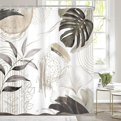 Gray Boho Shower Curtain 72Wx72H Tropical Palm Leaves Bohemian Botanical Abstract Modern Mid Century Bathroom Decor Geometric Plant Minimalist Gray Bath Curtain Fabric Polyester 12 Pack Hooks