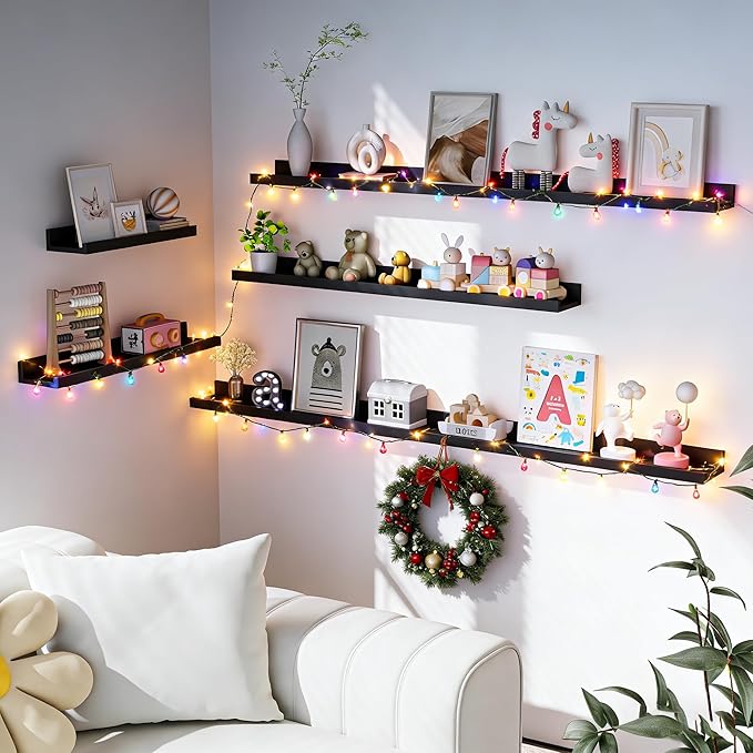 Heimlove Picture Ledge Shelf, Small Floating Shelves Set of 2, 16 Inches Picture Shelf for Wall with Ledge, Kids Bookshelf Wall Mounted for Living Room Bedroom Decor Books Photo Frames, Black