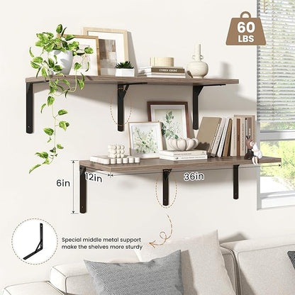 Fun Memories Floating Shelves for Wall, 12 Inch Deep Floating Shelves Set of 2, Wall Mounted Shelf with Metal Brackets, Rustic Wood Wide Shelf for Bathroom, Kitchen and Living Room, Grey, 36W x 12D