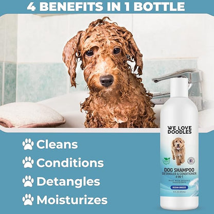 We Love Doodles (Short Pins) Pet Rubber Bath Brush and Dog Shampoo (Bundle) - for Shower Scrubbing & Soothing Massage and Organic Dog Shampoo, Conditioner & Detangler - Made in The USA