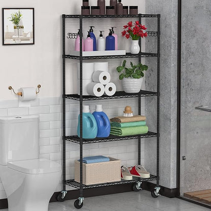 5 Tier Storage Shelves with Wheels Wire Rolling Garage Shelving Rack Organizer Heavy Duty Metal Unit Adjustable Utility Commercial Sturdy Shelves for Kitchen Garage Pantry Bathroom Closet Laundry