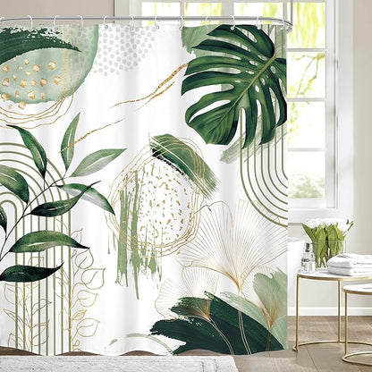 Green Boho Shower Curtain 60Wx72H Sage Green Bohemian Modern Abstract Tropical Palm Leaves Plant Mid Century Bathroom Decor Minimalist Geometric Bath Curtain Fabric Polyester 12 Pack Hooks