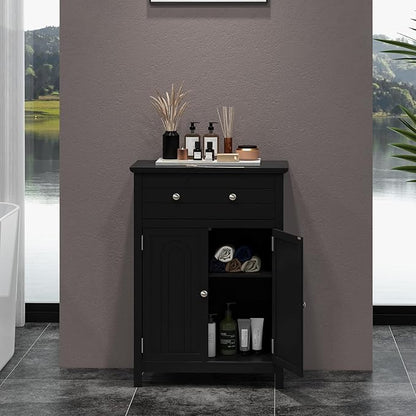 LOKO Bathroom Floor Cabinet, Kitchen Storage Cabinet with 1 Drawer, 2 Doors & 3-Position Adjustable Shelf, 2-Door Floor Storage Cabinet for Bathroom, Living Room, Entryway (Black)