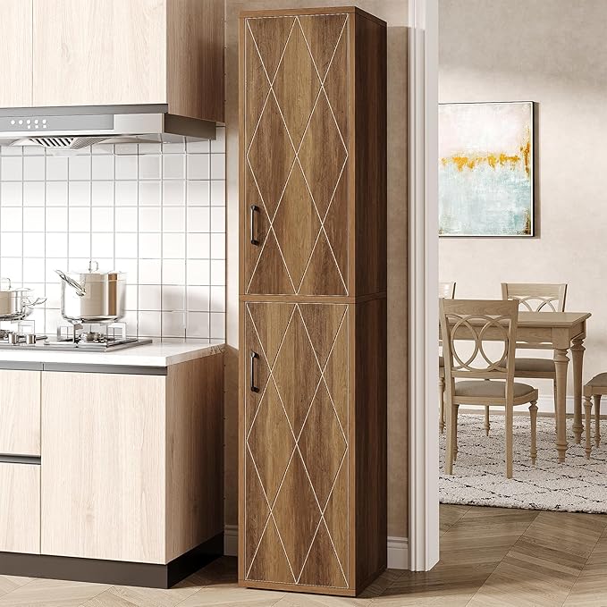 Tribesigns 75" Tall Narrow Storage Cabinet Set of 2, Modern Farmhouse Pantry Cabinet with Doors and 6 Shelves, Skinny Freestanding Utility Cabinet for Kitchen, Bathroom, Laudry, Living Room, Brown