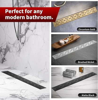 Sharp-tec Linear Shower Drain, 36 inch Shower Drain with Removable Pattern Cover, Matte Black 304 Stainless Steel Rectangle Floor Drain, Adjustable Feet and Hair Strainer Included (Model 101)