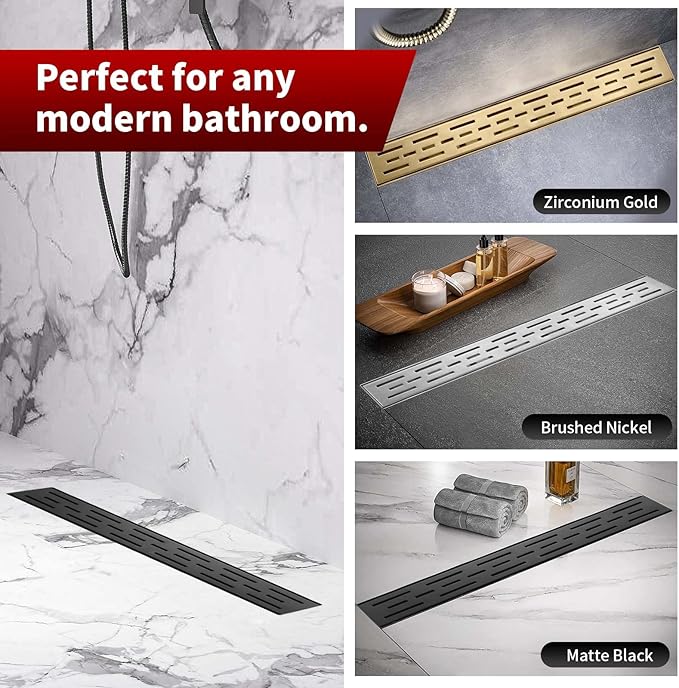 Sharp-tec Linear Shower Drain, 32 inch Shower Drain with Removable Pattern Cover, Matte Black 304 Stainless Steel Rectangle Floor Drain, Adjustable Feet and Hair Strainer Included (Model 101)