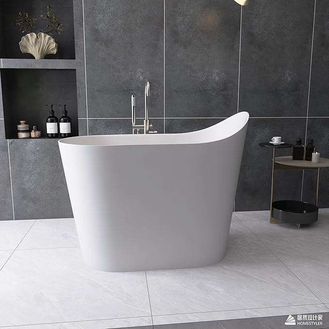 43" Stone Resin Janpanese Soaking Tub, Freestanding Deep Soaking Bathtub with Seat Desgin,Toe-tap Chrome Right Drain, Slotted Overflow, cUPC Certified, in Matte White AMG026-1100