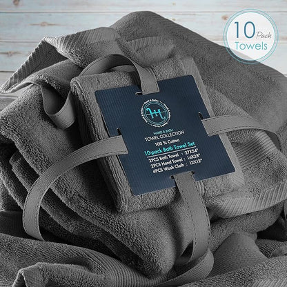 Hearth & Harbor Bath Towels for Bathroom - 100% Ring Spun Cotton Luxury Bathroom Towels - Ultra Soft & Highly Absorbent, Bath Towels Set of 10 - Dark Gray