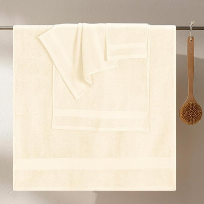 GLAMBURG Ultra Soft 8-Piece Towel Set - 100% Pure Ringspun Cotton, Contains 2 Oversized Bath Towels 27x54, Hand 16x28, 4 Wash Cloths 13x13 Ideal for Everyday use, Hotel & Spa Ivory Cream