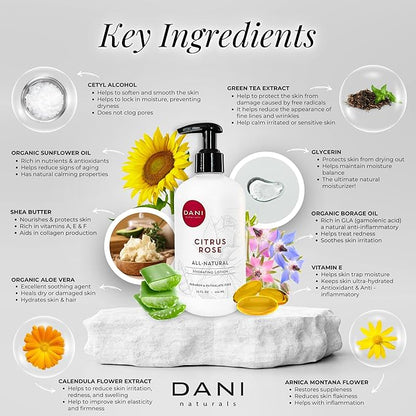 DANI Naturals Hand & Body Lotion - Citrus Rose Scented, Deep Hydration Lotion for Dry Skin, With Shea Butter & Aloe Vera, Natural & Organic Ingredients, Paraben-Free, 12 Oz