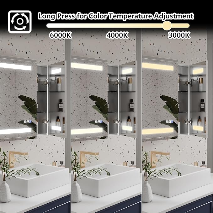 GroGro LED Lighted Bathroom Medicine Cabinet with Mirror, 40" W x 24" H Beveled Edge Medicine Cabinet with Lights,Surface or Recessed Mounting,Defog,Dimming,3-Color Temperature Adjustment