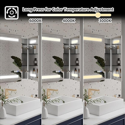 GroGro LED Lighted Bathroom Medicine Cabinet with Mirror, 48" W x 24" H Beveled Edge Medicine Cabinet with Lights,Surface or Recessed Mounting,Defog,Dimming,3-Color Temperature Adjustment