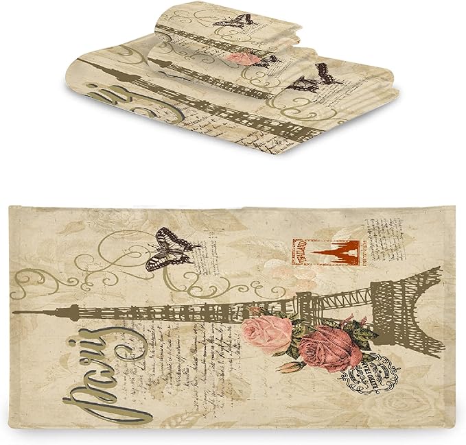 Vintage Butterfly Paris Eiffel Tower 3 Piece Towel Bathroom Sets, 1 Bath Towel, 1 Washcloth, 1 Hand Towel, Cotton Fast Dry Soft Absorbent Towel Set for Home Kitchen Family