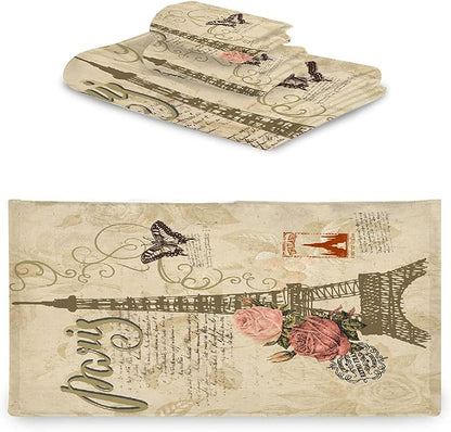Vintage Butterfly Paris Eiffel Tower 3 Piece Towel Bathroom Sets, 1 Bath Towel, 1 Washcloth, 1 Hand Towel, Cotton Fast Dry Soft Absorbent Towel Set for Home Kitchen Family