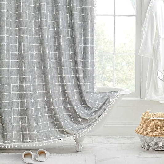 MitoVilla Boho Extra Long Shower Curtain 72 x 84, Modern Farmhouse 84 inch XL Polyester Linen Texture Tassel Fabric Shower Curtain Set with Hooks for Cottagecore Country Bathroom Decor, Tan Brown