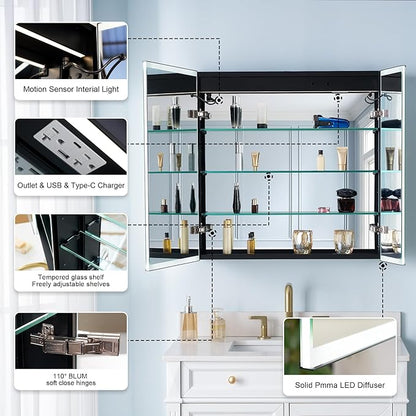 WELLFOR 30" X 30" LED Mirrored Medicine Cabinet, Medicine Cabinets with Lights for Bathroom, Defogging Function Mirror Cabinet, Bathroom Medicine Cabinet with USB Port & Outlet, Double Doors