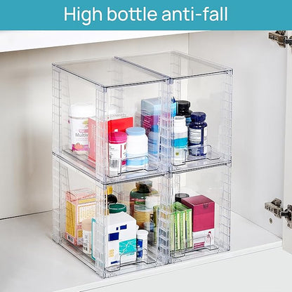 Vtopmart 4 Pack Clear Stackable Storage Drawers,9.7" High Plastic Organizers Bins for Skincare, Bathroom Supplies,Ideal for Cabinet,Undersink,Vanity,Kitchen,Pantry Organization