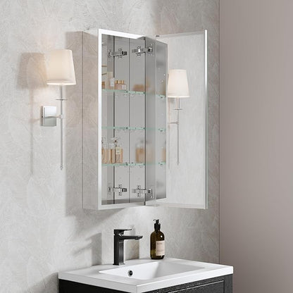 WELLFOR 12" x 30" Bathroom Medicine Cabinet, Anodized Chrome Aluminum Frame, Medicine Cabinet with Adjustable Glass Shelves, Bathroom Cabinet with Reverse Door Installation, Surface or Recessed Mount