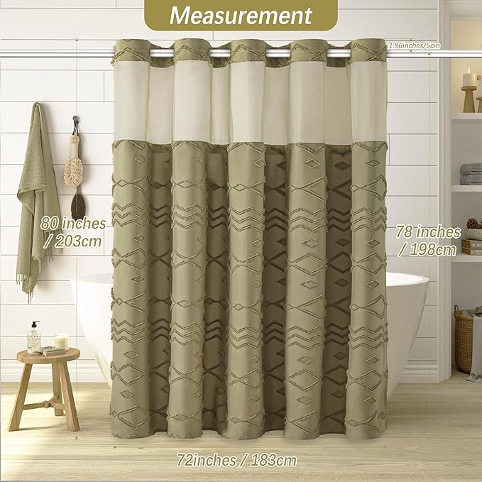 No Hooks Required Boho Farmhouse Shower Curtain Tufted Chevron Striped with Snap in Liner - 72W x 80H, Water Resistant Hotel Grade Spa Like Bathroom Curtain Set, Taupe