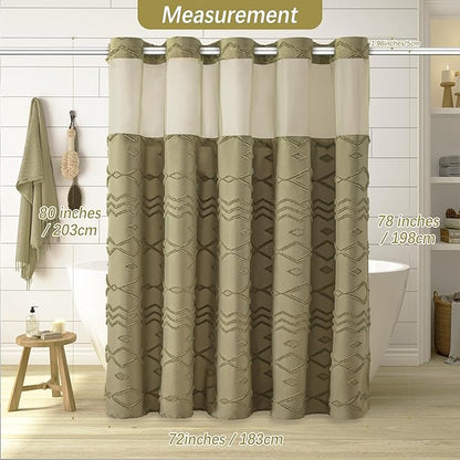 No Hooks Required Boho Farmhouse Shower Curtain Tufted Chevron Striped with Snap in Liner - 72W x 80H, Water Resistant Hotel Grade Spa Like Bathroom Curtain Set, Taupe