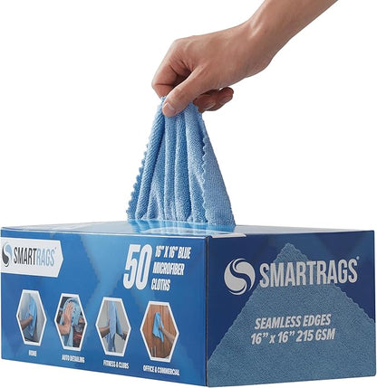 Arkwright Smart Rags in Box - (Pack of 50) Lint Free, Large Microfiber Cleaning Cloth, Scratch & Streak-Free, Dispensable Wash Towels for Cars, Kitchen, and Window Glass, Blue