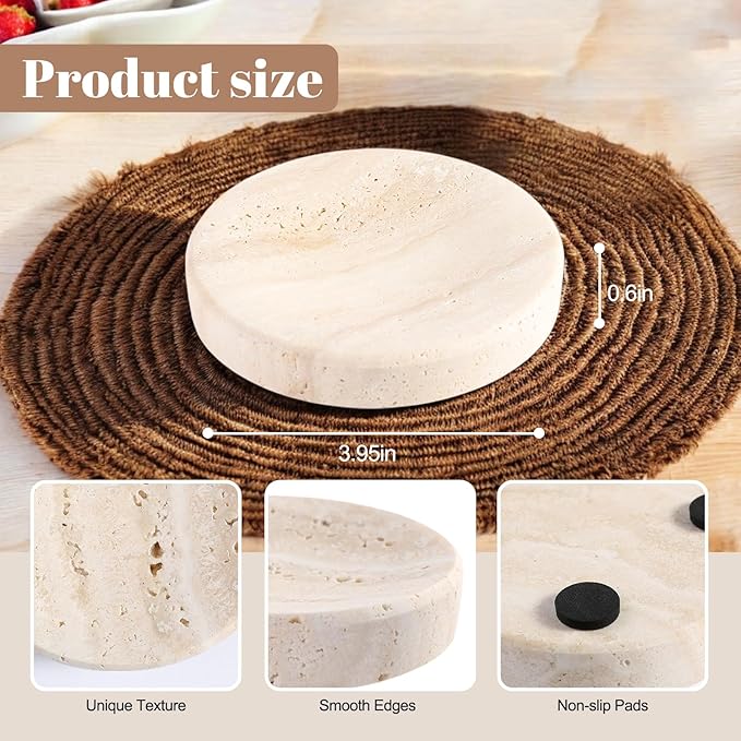 Koville Small Travertine Jewelry Dish, 4" Round Trinket Dish for Ring Necklace Earring, Beige Travertine Soap Dish for Bathroom Kitchen, Natural Stone Decorative Dish, Aesthetic Home Table Decor