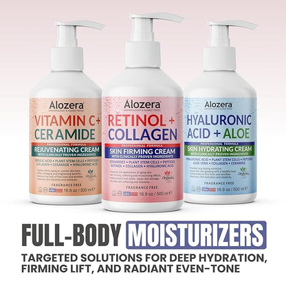 Alozera Skin Firming Retinol Collagen Body Lotion with Stem Cells for Aging Skin and Wrinkles, Non-Greasy, Lightweight Moisturizer, Fragrance-Free, 16.9 oz