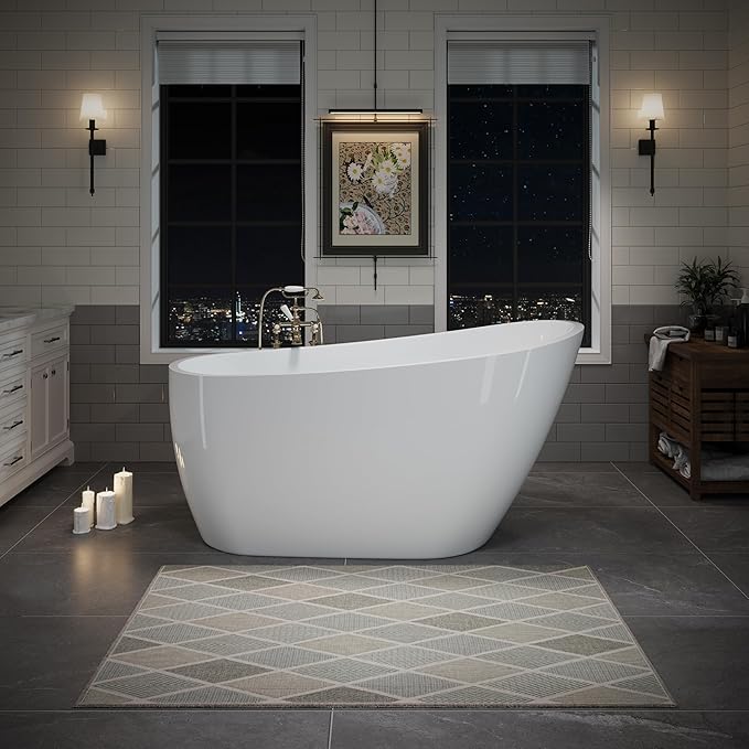 ABRUZZO 55" Acrylic Freestanding Bathtub - Deep Soaking Tub with Pop-Up Drain & Overflow, Glossy White Standalone Bathtub for Modern Bathroom, Fiberglass Reinforced Construction