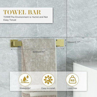 16 in Matte Bathroom Accessories Set, Bath Towel Bar Set, Stainless Steel Bathroom Hardware Set, Towel Racks for Bathroom Wall Mounted 5 Pcs （Golden）