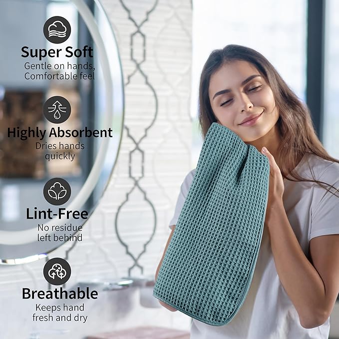 Microfiber Waffle Hand Towels, 4 Pieces, Soft, Absorbent, Fast Drying, Lint Free (Green)