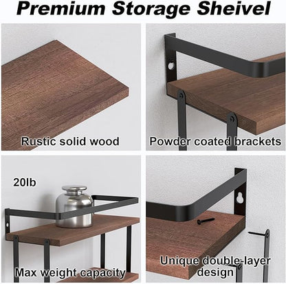 RICHER HOUSE 3+1 Tier Wall Mounted Floating Shelves Set of 2, Rustic Wood Wall Shelf with Metal Frame, Extra Storage Rack for Bathroom, Kitchen, Bedroom with Tissue Rack & Towel Bar - Rustic Brown
