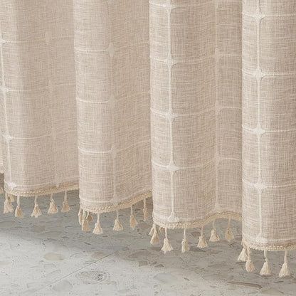 MitoVilla No Hooks Needed Boho Farmhouse Shower Curtain with Snap-in Liner, Cotton Linen Fabric Shower Curtains with Tassels for Rustic Neutral Bathroom Decor, Tan/Taupe, 72 x 74