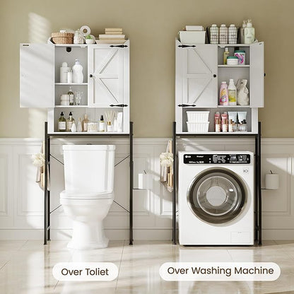 Over The Toilet Storage Cabinet, Over Toilet Organizer with 2-Door & Metal Stand, Bathroom Organizers and Storage with Adjustable Shelves for Bathroom, Restroom, Laundry, White