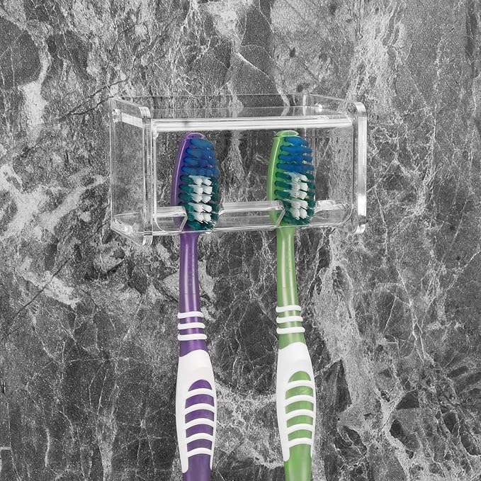 Toothbrush Holder Wall Mounted with Cover for Bathroom, 2 Slots Toothbrush Storage Organizer for Shower, Self Adhesive Toothbrush Hanger Rack for Dorm, Cabinet (Clear)