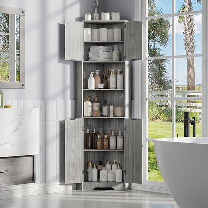 Fameill Tall Corner Cabinet with 2 Doors and 2 Open Storage Shelves, 68” Corner Storage Cabinet with Fluted Door Design, Home Space Saver for Living Room, Bathroom, Kitchen, Laundry, Grey