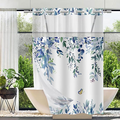 No Hook Shower Curtain and Liner Set, Blue Eucalyptus Floral Shower Curtains for Bathroom, Bath Curtain Sets with Snap in Liner, Waterproof with See Through Top Window, 54x80 Inches